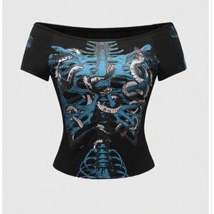 ROMWE Gothic Skeleton Snake Pattern Fitted Tshirt - Women's Size Medium